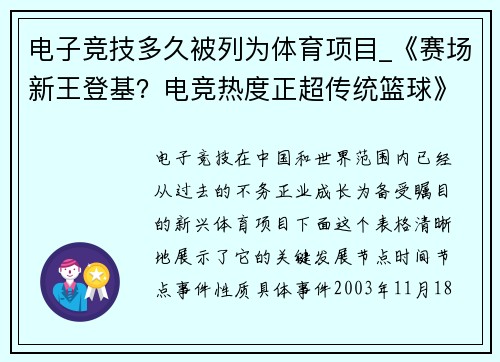 电子竞技多久被列为体育项目_《赛场新王登基？电竞热度正超传统篮球》